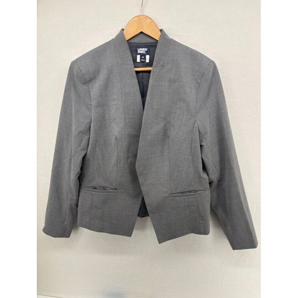 Lands End Womens Washable Collarless Blazer Size 16 Gray Oeko-Tex Standard 100